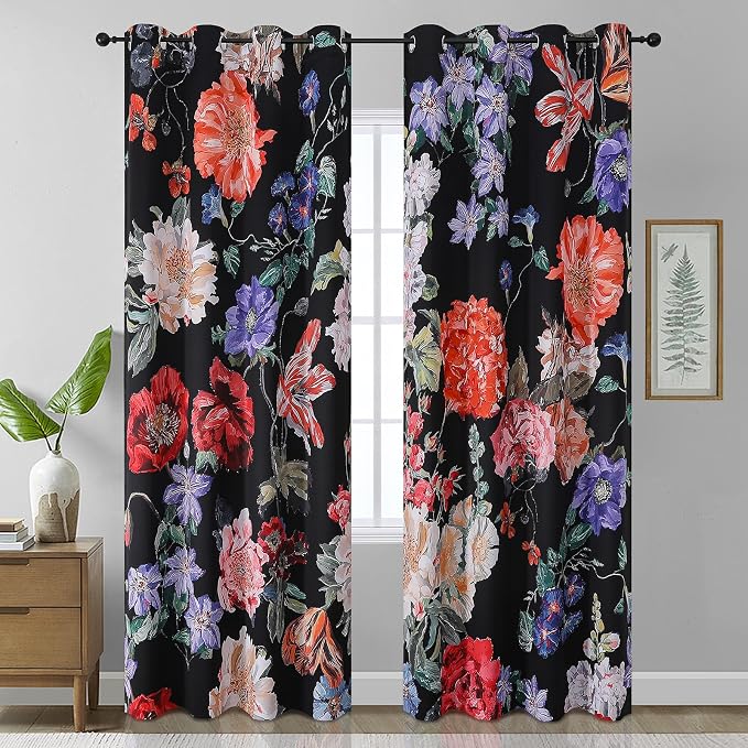 Estelar Textiler Floral Pattern Blackout Curtains for Living Room 90 inches Long 2 Panels,Dark Morning Glory Flower Room Darkening Window Grommet Drapes for Bedroom Decor,52" W X 90" L