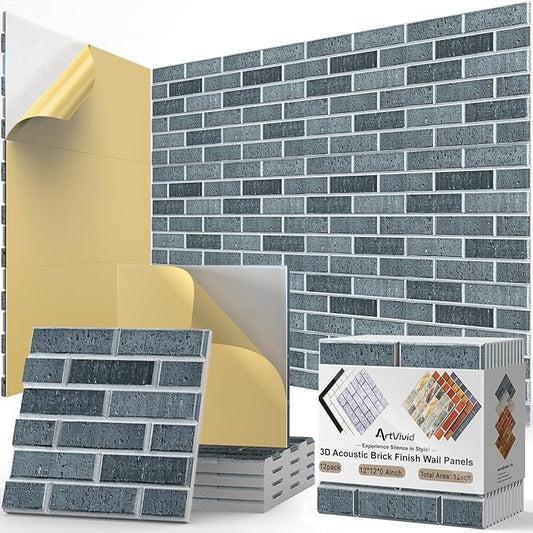 12Pack Acoustic Panels, Self-Adhesive 3D Brick Pattern Sound Proof Panels for Walls, High Density Decorative Acoustic Foam, Sound Absorbing for Recording Studios, Offices, 12"×12"×0.4", Lime Black