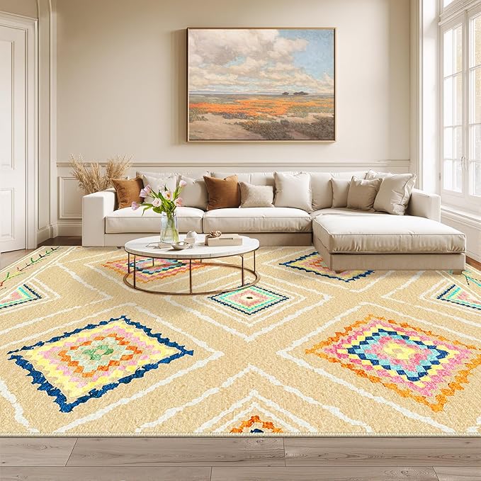 BESTSWEETIE Area Rug 9x12 Rug Machine Washable Non-Slip Low Pile Print Pattern Western Rug for Living Room Bedroom Entryway Tribal Series -Cream/Beige
