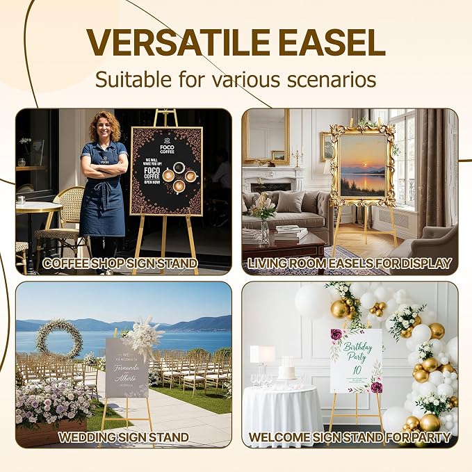 57.5" Gold Easel Stand for Sign, Wedding Sign Stand for Display, Assembly Required, 4 Adjustable Height Levels Heavy Duty Metal Display Stand Floor Standing Easels for Art, Paintings, Pictures(2 Pack)