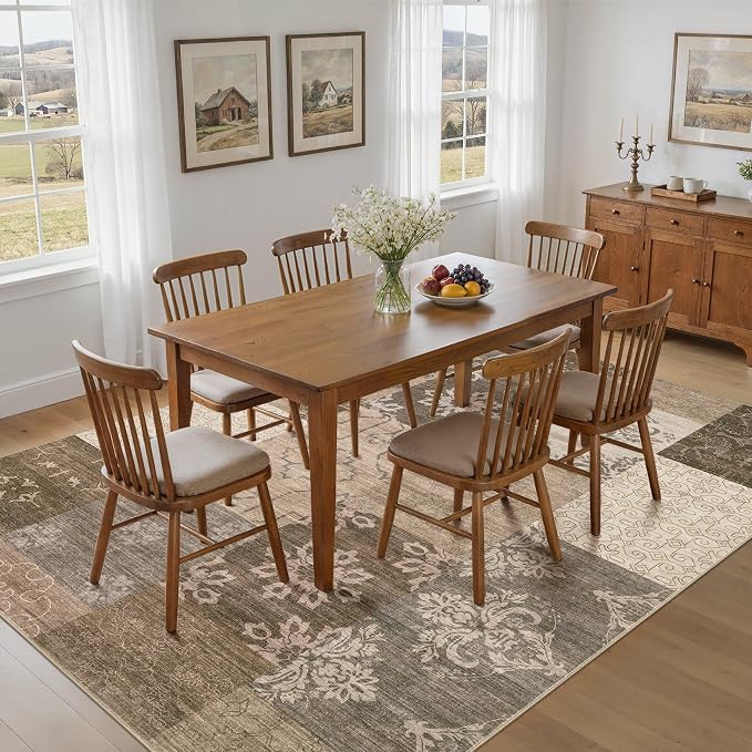 UERMEI 5x7 Area Rug for Living Room, Washable Brown Modern Geometric Patchwork Non Slip Stain Resistant Low Pile Foldable Carpet for Bedroom Dining Farmhouse Home Office
