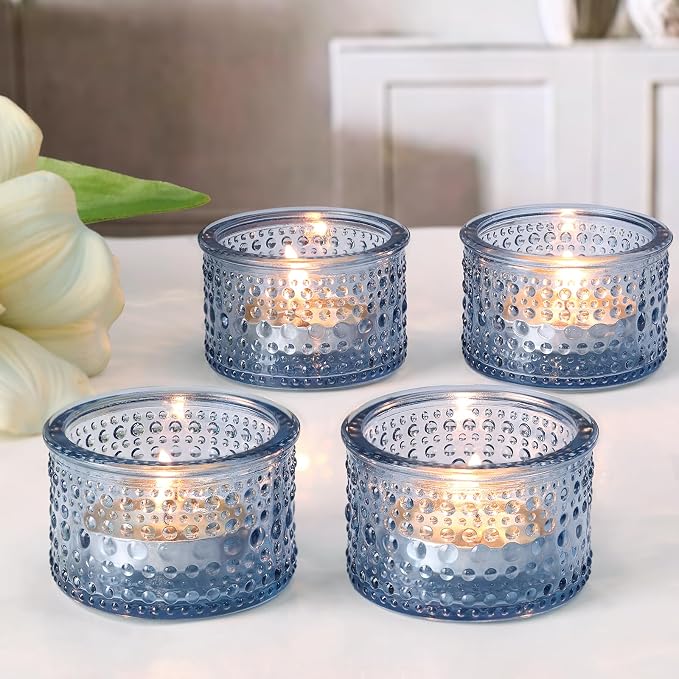 NITIME 4PCS Blue Votive Candle Holders for Wedding Decorations, Tea Lights Candle Holder for Table Centerpiece, Blue Polka Dot Glass Candle Holder for Home and Party Decoration