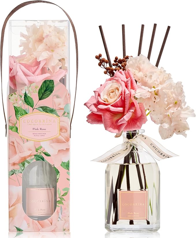 COCORRÍNA Reed Diffuser - Pink Rose 8.5 Fl.oz Flower Reed Diffuser with Sticks, Bedroom Bathroom Shelf Decor (Floral Basket Collection)