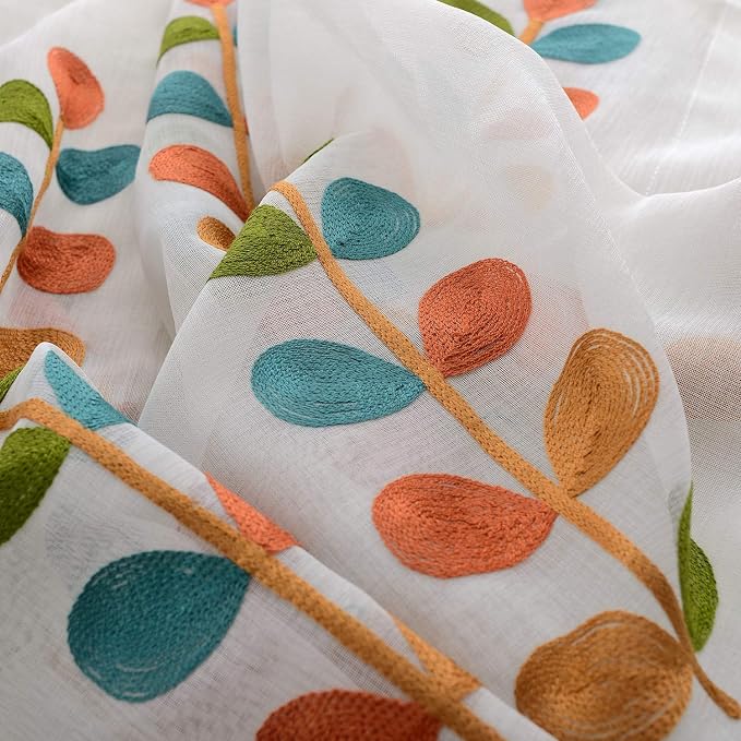VOGOL Sheer Curtains 106 Inches Long, Colorful Leaves Embroidered White Sheer Rod Pocket Curtains for Living Room Bedroom, W60 X L106, 2 Pieces