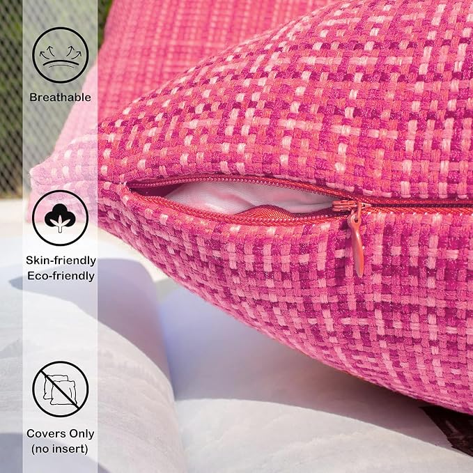 Kevin Textile Pack of 2 Decorative Outdoor Waterproof Pillow Covers Garden Cushion Sham Throw Pillowcase Shell for Patio Tent Couch 16x16 Inch Hot Pink