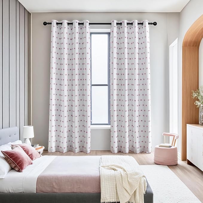 MYSKY HOME 100% Blackout Curtains for Nursery Thermal Insulated Purple Pom Pom Curtains 72 Inch Long for Girls Bedroom 2 Panels White Sheer Curtains for Dining Room Door Grommet, 52 x 72 in