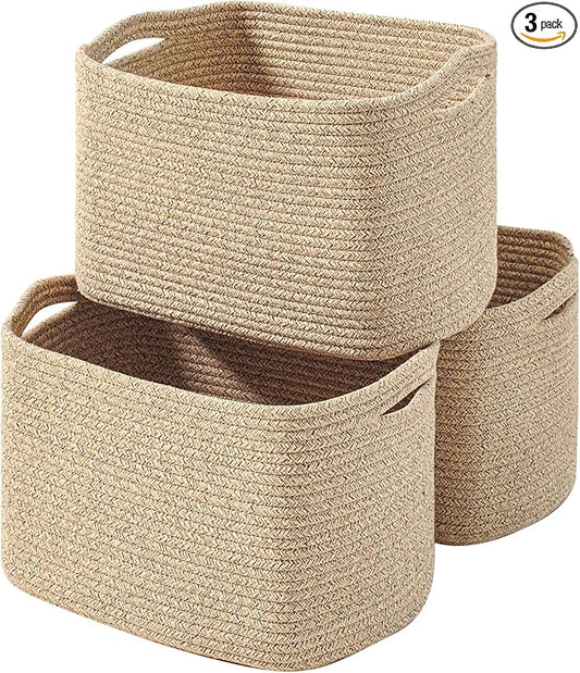 ICERZCZ Decorative Storage Baskets for Organizing Shelves, Toy Basket for Nursery, Woven Cotton Rope Baskets for Decor, Towel Basket for Bathroom, 15"x11"x9.5", 3 Packs, Brown