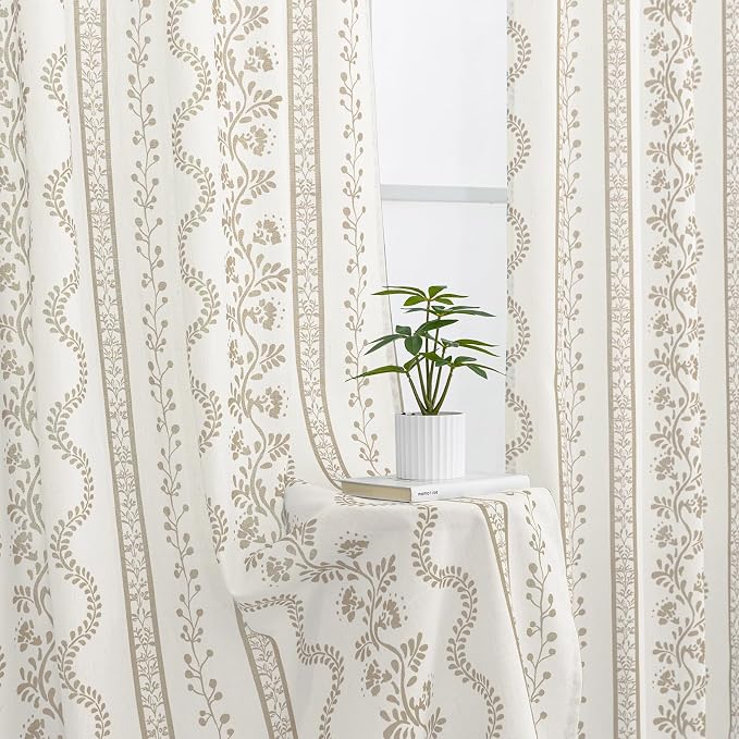 Taupe Vintage Floral Linen Curtains, Boho Light Filtering Semi Sheer Drapes for Living Room Bedroom 63 Inch Length 2 Panel Set