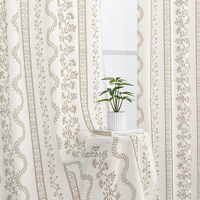 Beige Cream and Taupe Neutral Floral Farmhouse Curtains, Vintage Antique Botanical Pattern Sheer Natural Fabric Linen Drapes for Living Room Bedroom Dining Room 84 Inches Long