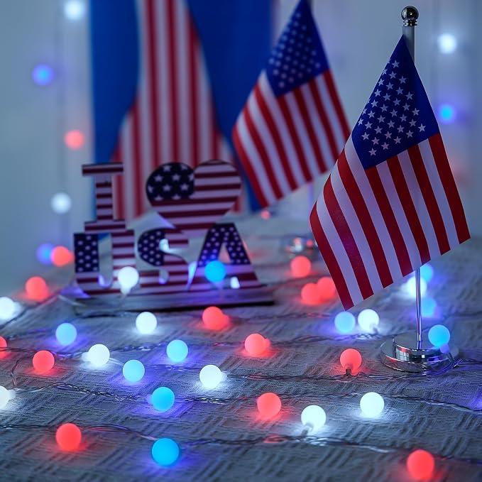 JMEXSUSS Connectable 33ft 100 LED Red White and Blue Lights Indoor Outdoor | 4th of July Decorations Light Plug in, 8 Modes Globe String Lights with Remote for Independence Day Party Patriotic Decor