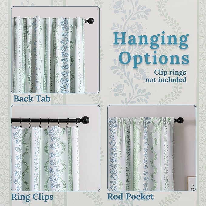 Sage Green Floral Blackout Curtains, Farmhouse Cottagecore Vine Botanical Pattern Drapes, Light Green and White Room Darkening Black Out Curtains for Bedroom Living Room, 63 Inch Length 2 Panel Set