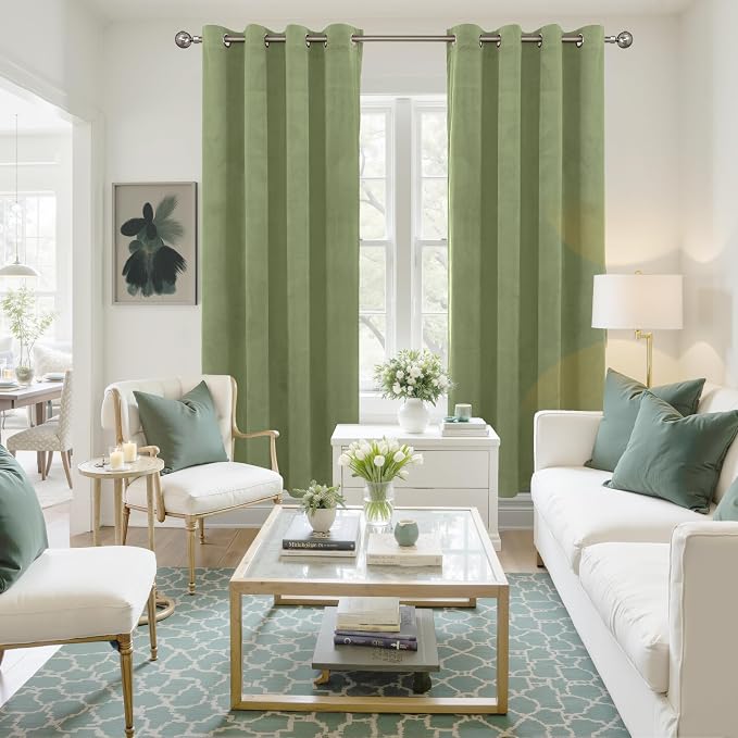 YoungsTex Sage Green Velvet Curtains 72 Inch Length for Living Room, Blackout Drapes with Grommet Room Darkening for Bedroom Privacy, 2 Panels, 52 X 72 Inch