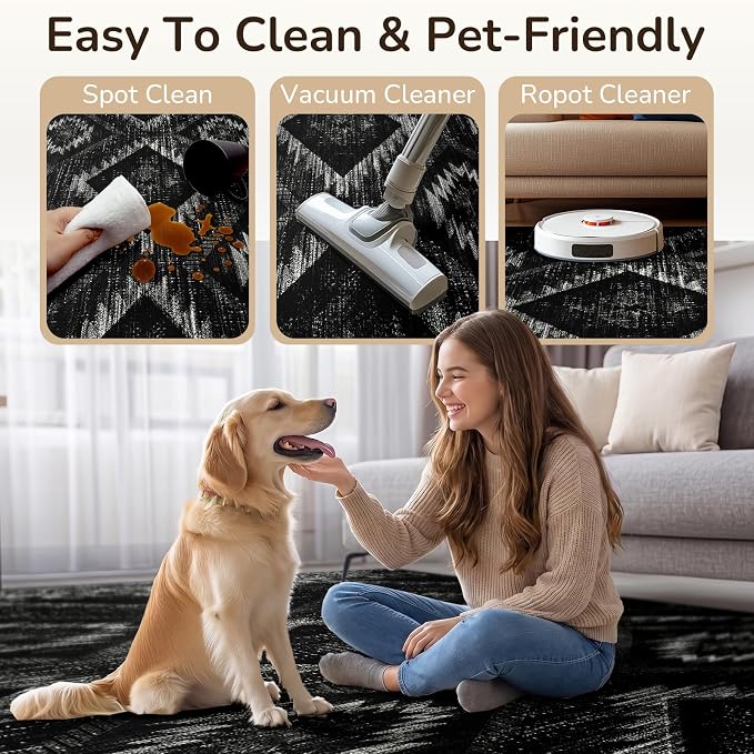 BESTSWEETIE Area Rug 3x5 Rug Machine Washable Non-Slip Low Pile Print Pattern Western Rug for Living Room Bedroom Entryway Tribal Series-Black