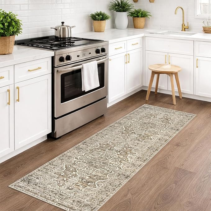 KUTA Runners for Hallways 2x6 Beige Brown, Vintage Floral Kitchen Rugs Non-Slip Washable Runner Ultra Soft Printed Retro Distressed Entryway Carpet for Bedroom Laundry Nursery