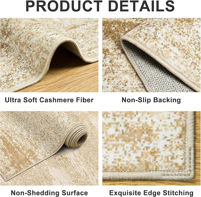 Area Rugs Living Room Rug - 4x6 Washable Modern Abstract Soft Neutral Non-Slip Carpet Large Indoor Floor Stain Resistant Thin Carpets for Bedroom Dining Room Farmhouse Nursery Home Office Beige