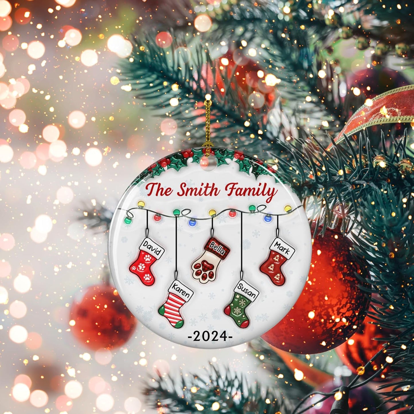 Stocking Personalized Family Christmas Ceramic Ornament 2025-3D Inflated Effect Custom Name Hanging Stock up to 10 Members, First Xmas as A Family Ornament Gifts (A04, 6 Names)