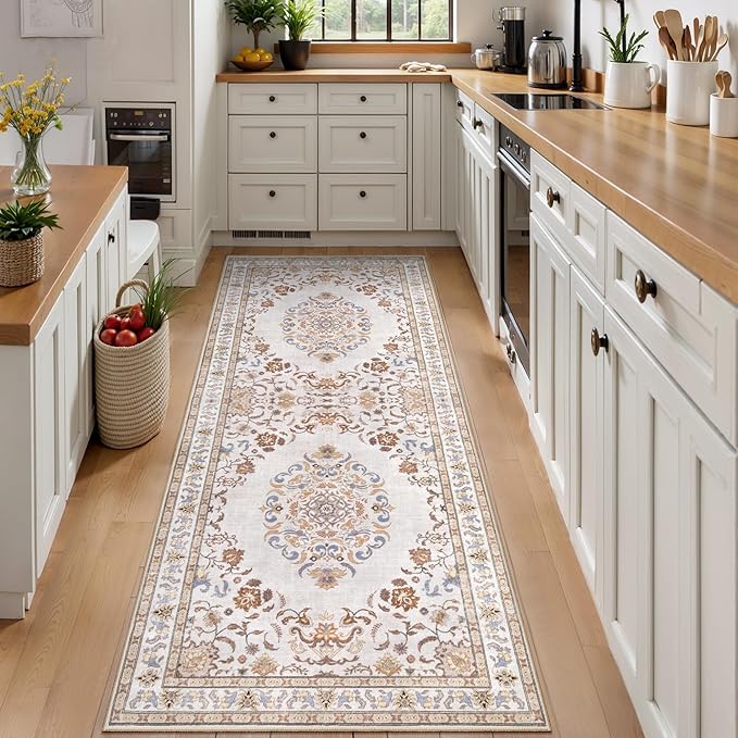 Tangsoo 2x6 Washable Runner Rug Non Slip, Vintage Boho Neutral Hallway Rug for Entry Kitchen, Soft Low Pile Beige Floor Carpet Runner for for Laundry, Bedroom, Living Room Home Decor