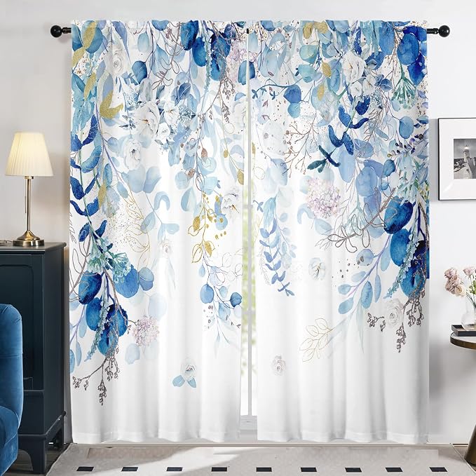 Blue and White Curtains for Living Room Spring Summer Blue Eucalyptus Leaves Light Filtering Curtains Floral Drapes for Bedroom Botanical Farmhouse Nature Printed Window Curtain 2 Panels 52X72Inch