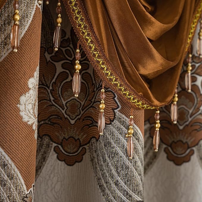 Petrichor Elegant Curtains with Gold Silver Threads 2 Panels Set - Luxury Window Treatment Attached Valance, Sheer Backing, and 2 Tie Backs for Bedroom and Living Room, 54x95 inches, Brown