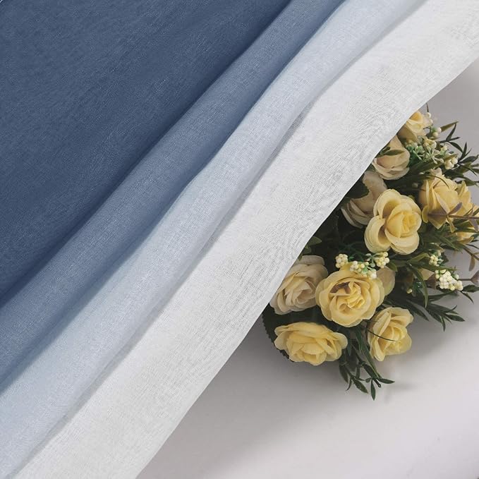 DWCN Blue Faux Linen Ombre Sheer Curtains - Gradient Semi Voile Curtains for Bedroom and Living Room, Set of 2 Grommet Top Window Curtain Panels, 52 x 108 Inches Long, Denim Blue
