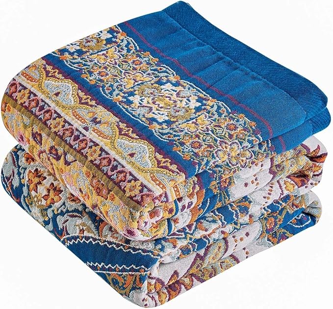 Boho Throw Blanket 100% Cotton Muslin Woven Blanket Bohemian Bed Throws Vintage Rustic Farmhouse Decor Reversible Bed Blanket Quilt for All Seasons（Blue 90"x98"）