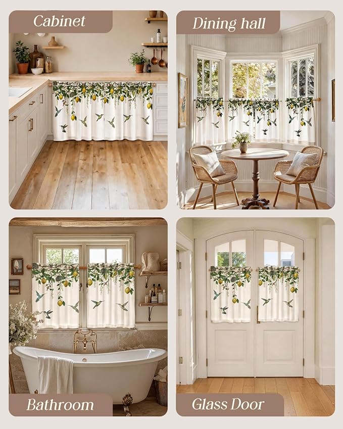 Miss Adola Farmhouse Kitchen Tier Curtains - 30 Inch Length Linen Blend Vintage Cafe Curtains Lemon Bird Small Window Treatments Over Sink Rod Pocket for Bathroom Living Room Light Filtering, 2 Panels