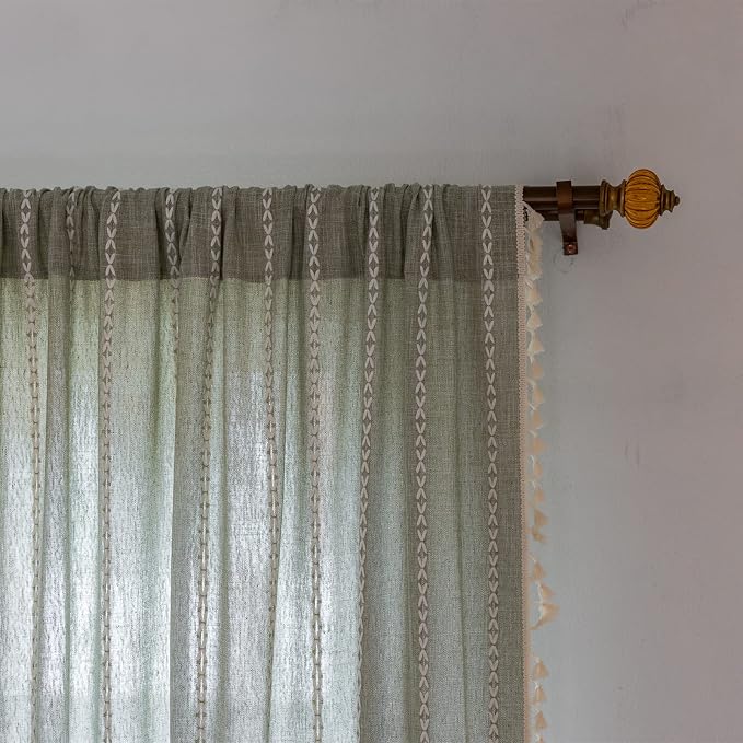 RoomTalks Green Boho Farmhouse Kitchen Curtains 54 Inch Length French Striped Modern Vintage Chic Textured Tassel Charcoal Short Cafe Curtains for Small Window Kitchen Bathroom Decor