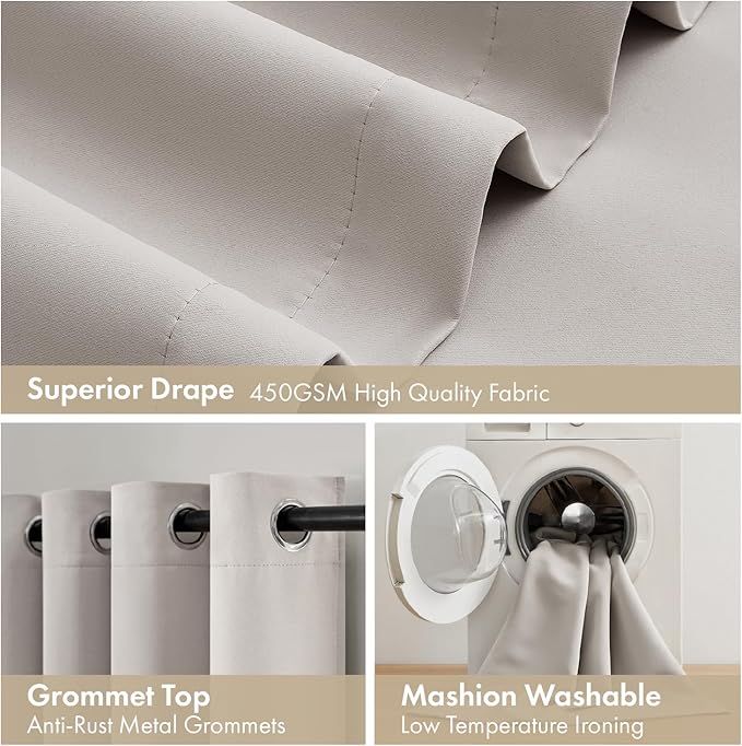 MIULEE 100% Blackout Curtains for Bedroom 54 Inch Length, 2 Thick Layers Thermal Insulated Short Window Curtains with Black Liner, Noise Reducing Grommet Kitchen Living Room Drapes 2 Panels Stone