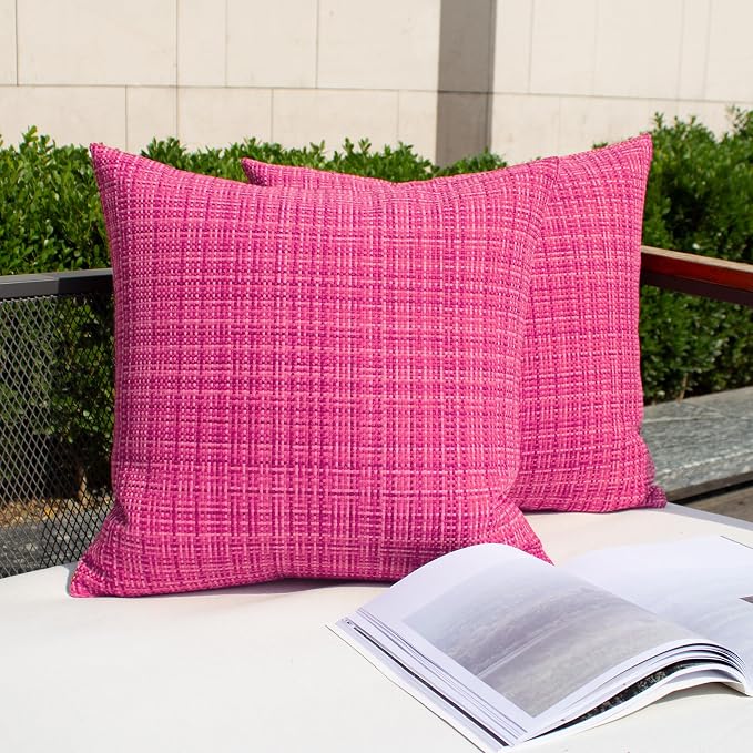Kevin Textile Outdoor Waterproof Throw Pillow Covers Decorative Farmhouse Water Resistant Cushion Covers for Tent Patio Garden Couch Sofa Pack of 2 24x24 Inch Hot Pink