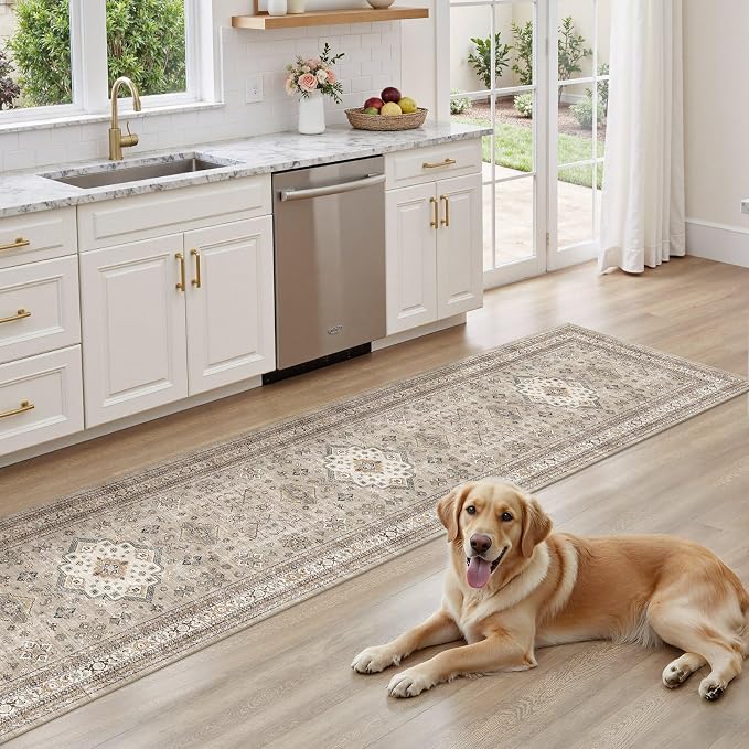 Vintage Hallway Runner Rug 2x10: Large Soft Washable Entryway for Kitchen Laundry Room Non-Slip Backing Runner for Entrance Living Room Bedroom Bathroom - Beige