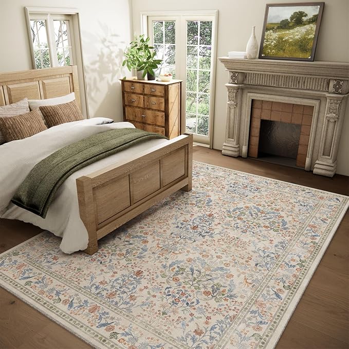 Washable Area Rugs for Living Room: 5x7 Bedroom Rug Vintage Area Rug Stain Resistant Non Slip Low Pile Lightweight Soft Carpets for Dining Room Kitchen Nursery Kids Room Farmhouse Indoor