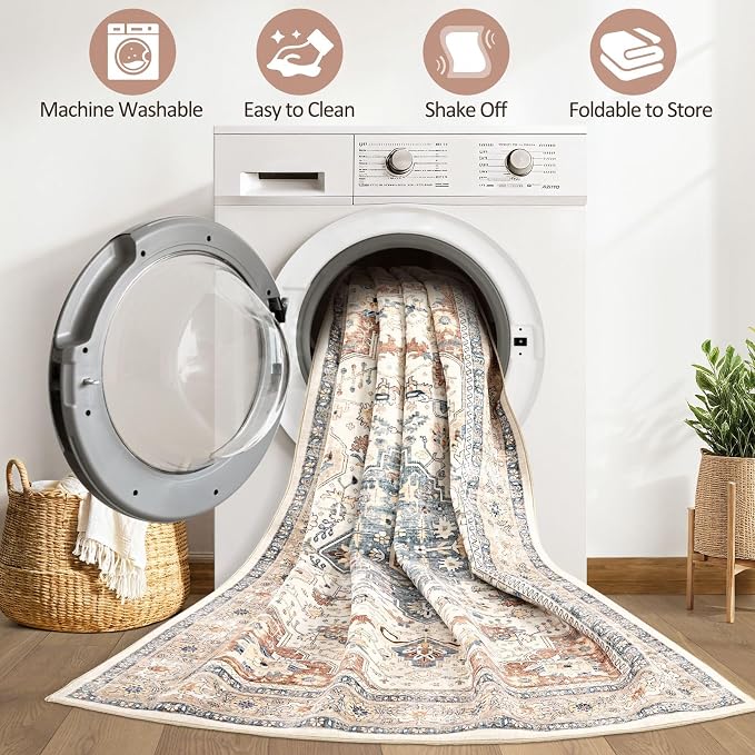 Square Rug 8x8 Living Room: Washable Boho Large Neutral Vintage Soft Rugs Stain Resistant Distressed Farmhouse Non-Slip Indoor Floor Carpet for Bedroom Nursery Kids Office Dining Room- Beige Blue