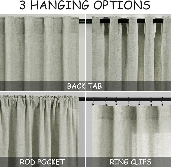 Long Sage Green Curtain 2 Panels 105 inches Long for Living Room Back Tab Rod Pocket Light Filtering Semi Sheer Drapes Cotton Linen Textured Pale Green Window Curtain 105 inch Length