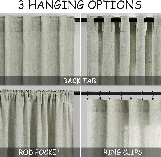 Sage Curtains 90 inches Long 2 panels for Living Room Back Tab Rod Pocket Semi Sheer Linen Draperies Muted Neutral Sage Green Room Decor Earth Tone Pale Green Curtains for Diningroom Bedroom Office