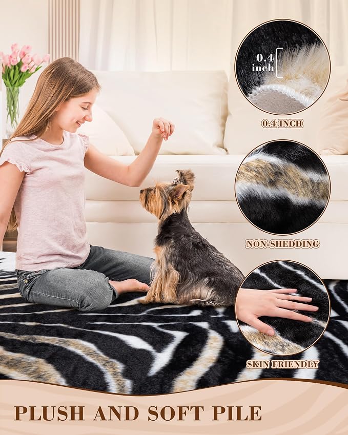 Zebra Print Rug for Living Room, Faux Fur Zebra Hide 6.2x8.2 Feet Animal Skin Rug for Bedroom Nursery Black and White