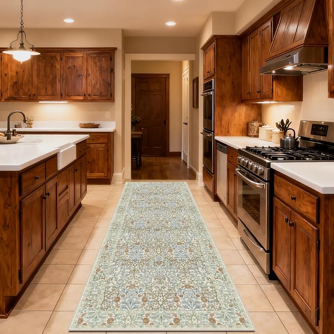 Washable 2' x 6' Runners for Hallways, Non Slip Long Floor Runner for Kitchen, Entryway Indoor, Stain Resistant Rubber Backing Floral Decor Rug (Beige Blue)
