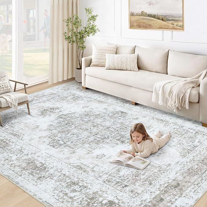 XLUEZ Area Rug 5x7 Living Room Rug, Machine Washable Vintage Distressed Medallion Rug Non-Slip Soft Low Pile Large Indoor Rugs for Bedroom Kitchen Dining Room Office(Taupe,5'x7')