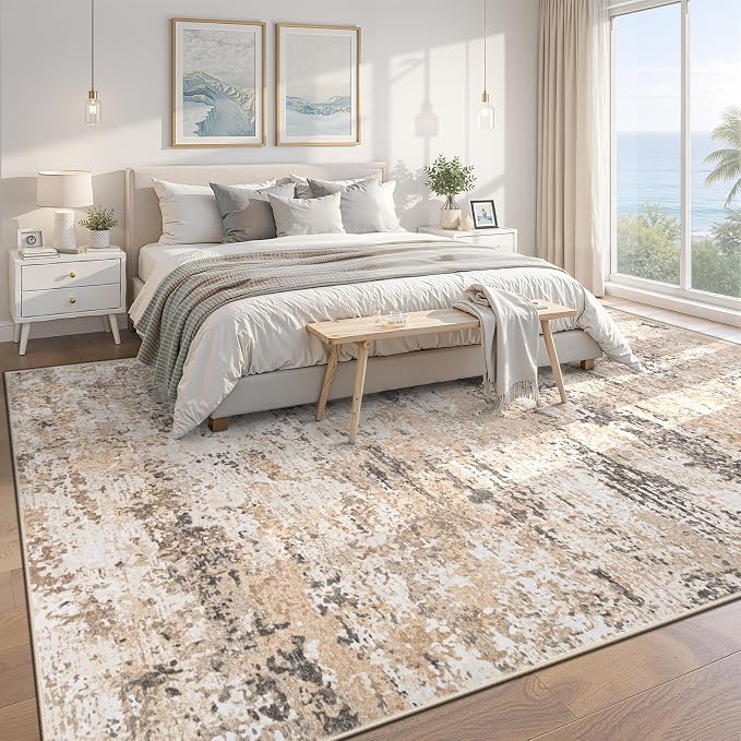 8x10 Area Rugs for Living Room: Washable Abstract Neutral Rug Large Modern Soft Non Slip Low Pile Rugs Floor Indoor Stain Resistant Carpet for Bedroom Dining Room Home Office (Light Brown, 8'x10')