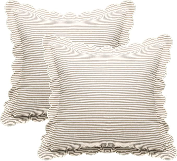 Newwiee 2 Pack Scalloped Pillow Cover 18 x 18 Inch Stripe Throw Pillow Cover Cotton Decorative Pillowcase for Women Men Couch Living Room Cushion Indoor Outdoor Decoration (Beige, Scalloped)