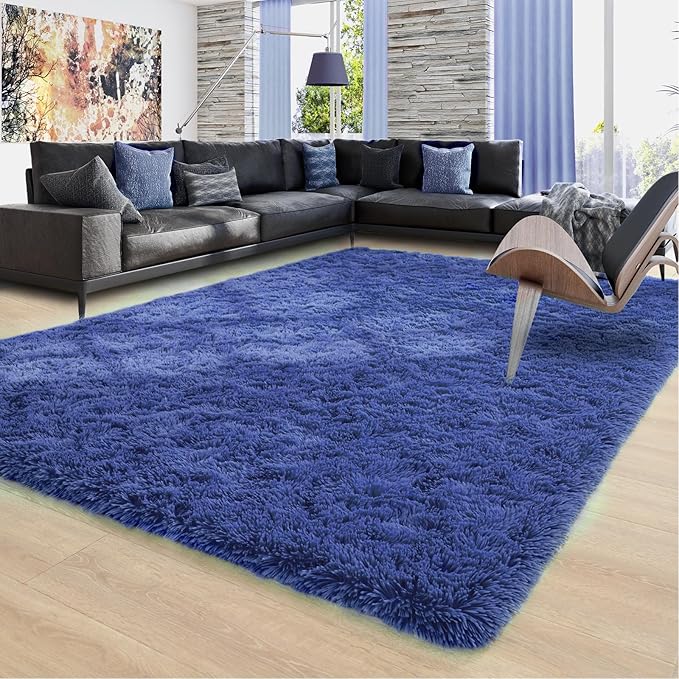 Ompaa 8x10 Area Rugs for Living Room Bedroom Rug Under Bed, Navy Blue Large Shag Carpet, Fluffy Dorm Rug for Classroom Kids Rooms, Modern Apartment Indoor Home Decor