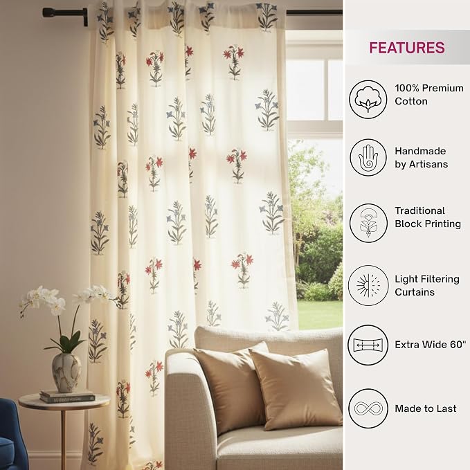 ATOSII 100% Cotton Single Panel Block Print Curtain, Easy Hanging with Rod Pocket & Loop, Living Room, Dining Room, Bedroom Light Filtering Boho Curtains, Set of 1, 60" W X 96" L, Tamra