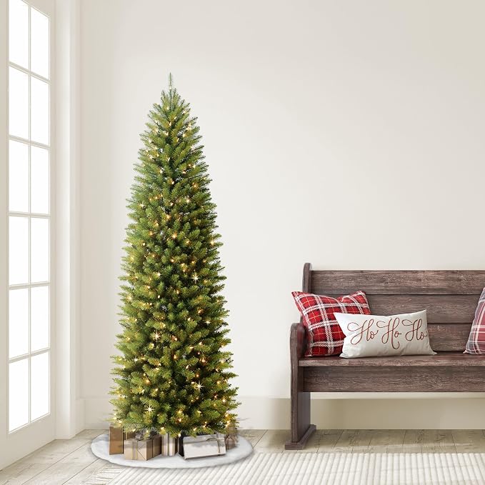 Puleo International 6.5ft Pre-Lit Fraser Fir Pencil Christmas Tree with 250 Clear Lights, 826 Realistic Dense Branch Tips, Easy Setup Artificial Trees with Sturdy Metal Stand