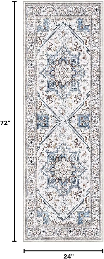 OPPODREAM Soft Entryway Rug 2x6, 2x6 Rug Runner, Neutral Washable Hallways Carpet 2 x 6 with Non Slip Backing, Low-Pile Bedside Carpet 2 x 6, Long, Faux Cashmere, Cream White & Blue & Light Brown