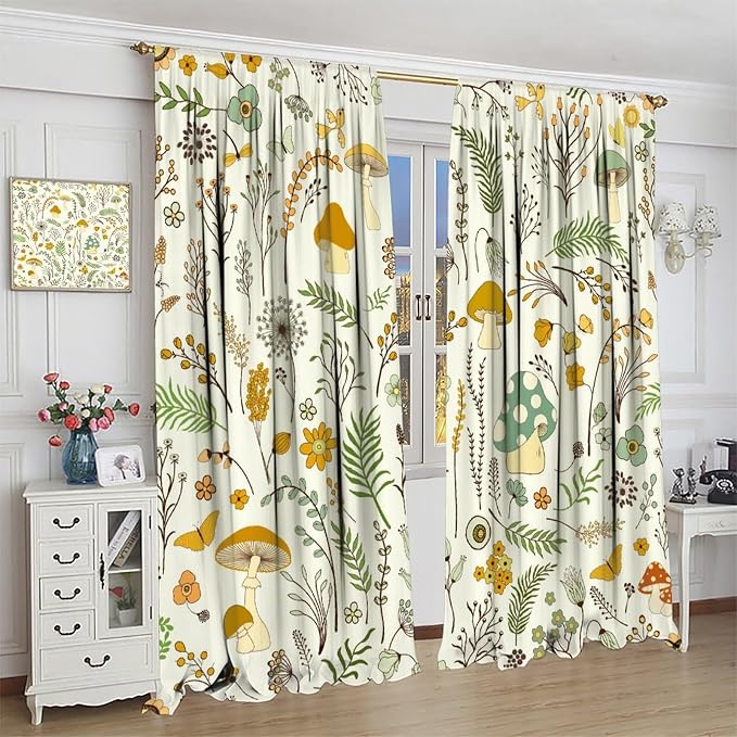 Wild Mushroom Curtains, Vintage Botanical Rustic Retro Wildflower Herbs Plants Green Mushroom Blackout Window Treatments for Living Room Kitchen Bedroom 52x84in