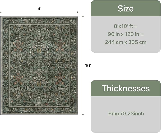GENIMO 8x10 Washable Area Rugs for Living Room, Non Slip, Dusty Sage Green | Vintage Boho Floral Low Pile Thin Carpet for Bedroom, Dining Room, Nursery, Indoor Decor