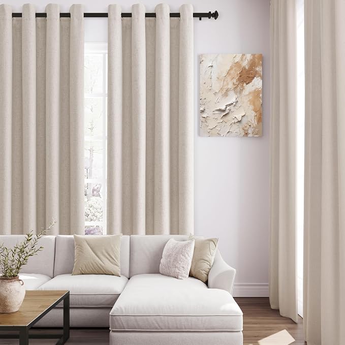 Jowels Oatmeal Linen Blackout Curtains 102 Length 2 Panels Set for Living Room Bedroom, 100% Black Out Thermal Insulated Linen Drapes, Room Darkening Grommet Curtains 102 Inches Long