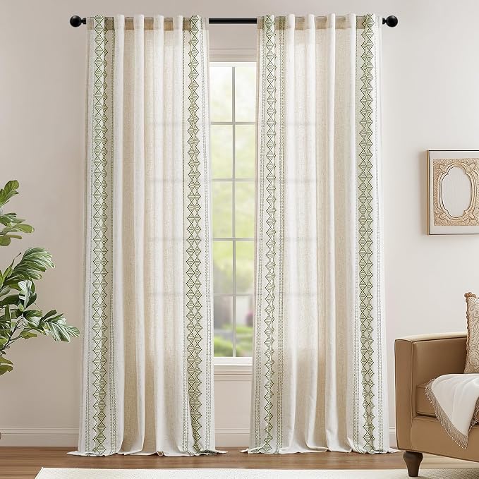 jinchan Boho Curtains Linen Blend Beige Farmhouse Curtains 96 Inches Long for Living Room Sage Green Square Embroidered Bordered Back Tab Bedroom Window Light Filtering Bohemian Drapes 2 Panels