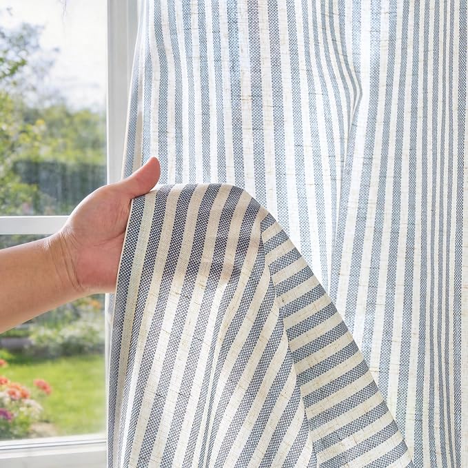 jinchan Linen Curtains 84 Inch Blue Stripe on Beige Back Tab 2 Panels | Curtains For Living Room Bedroom,Ticking Stripe, Farmhouse Cottage Core Rustic,Rod Pocket Window Treatment,Light Filtering
