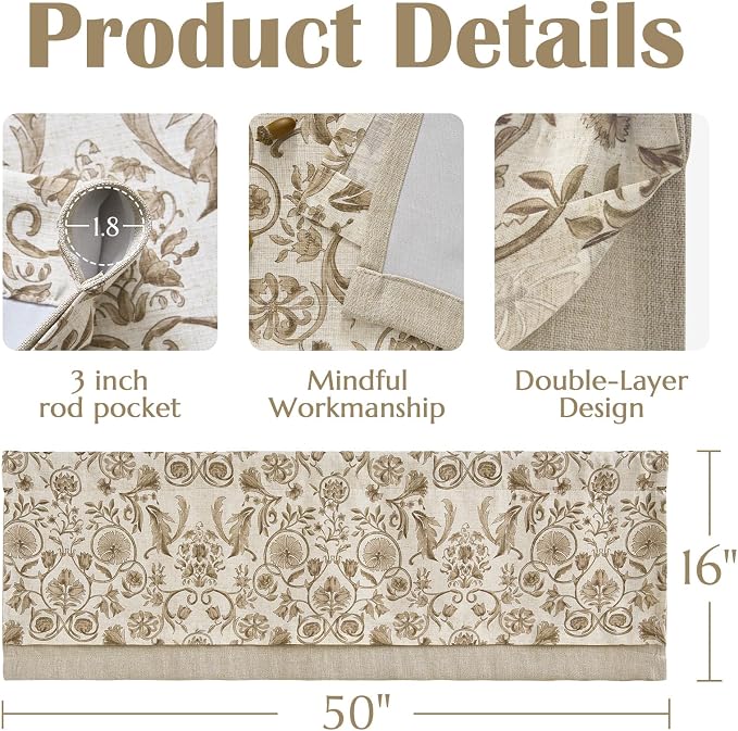 jinchan Linen Valance Kitchen Curtain Pack of 2 Double Layer 16 Inch for Living Room Bedroom Window Treatment Light Filtering Vintage Farmhouse Cottagecore Rod Pocket 2 Panels Taupe on Beige