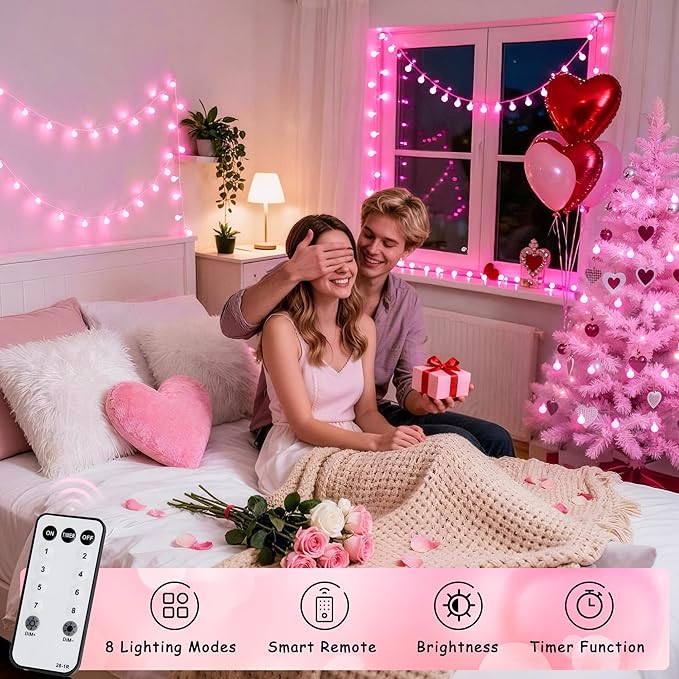 JMEXSUSS 33 ft 100 LED Globe Pink Christmas String Lights Indoor | 8 Mode Pink Lights Plug in, Fairy Pink String Lights with Remote for Bedroom Girl Room Anniversary Party Valentines Day